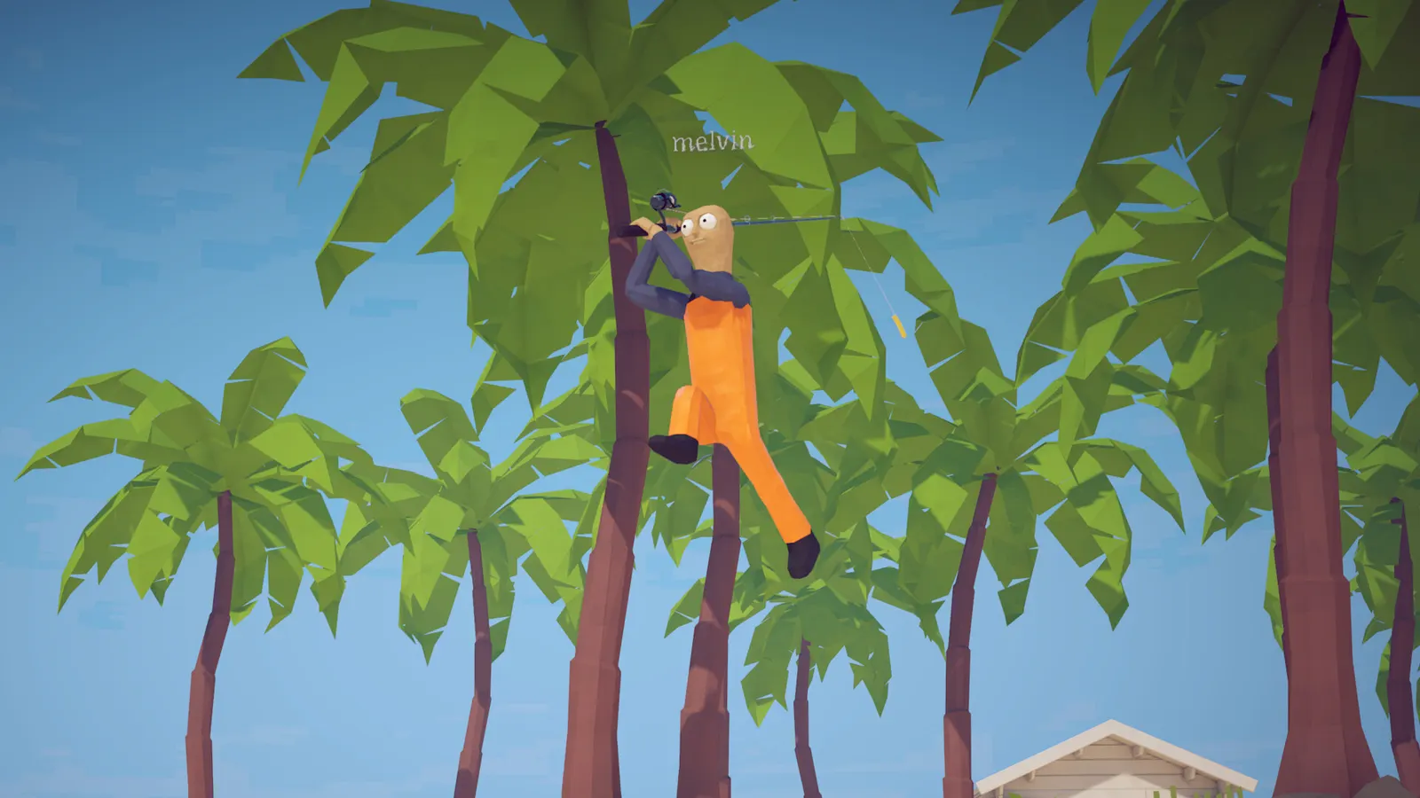 A fishing rod propped against a palm tree on the island shore